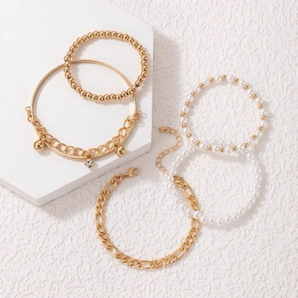 Gold Plated Chain and Faux Pearl Bracelets - set of 5 - Picture 4 of 5